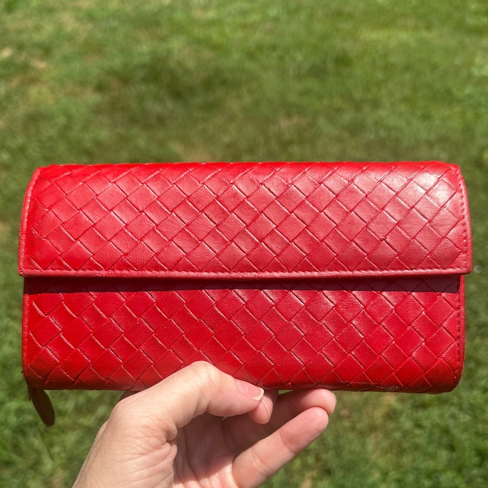 Bottega Veneta Red Woven Leather Wallet